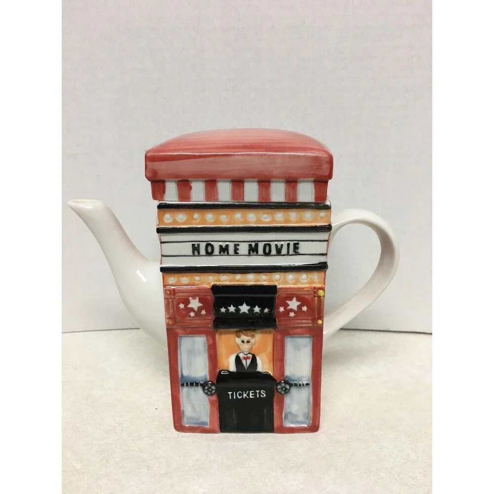MSRF Inc. 2-Sided Collectible Ceramic Teapot Home Movie And Popcorn